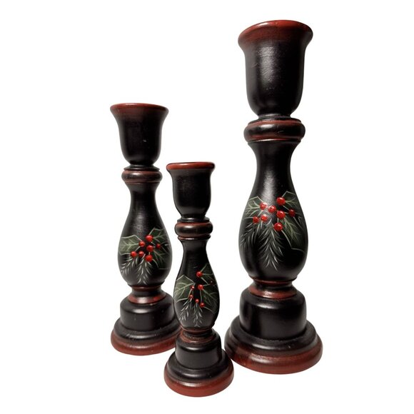 Hand-Painted Holly Berry Wooden Candle Holder rustic farmhouse christmas vintage - Picture 2 of 7